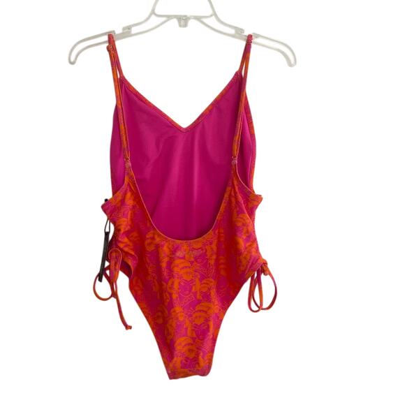 Ed Hardy‎ High Cut One Piece Swimsuit "Lady" Print Orange Pink Tie Size Large - Picture 2 of 10